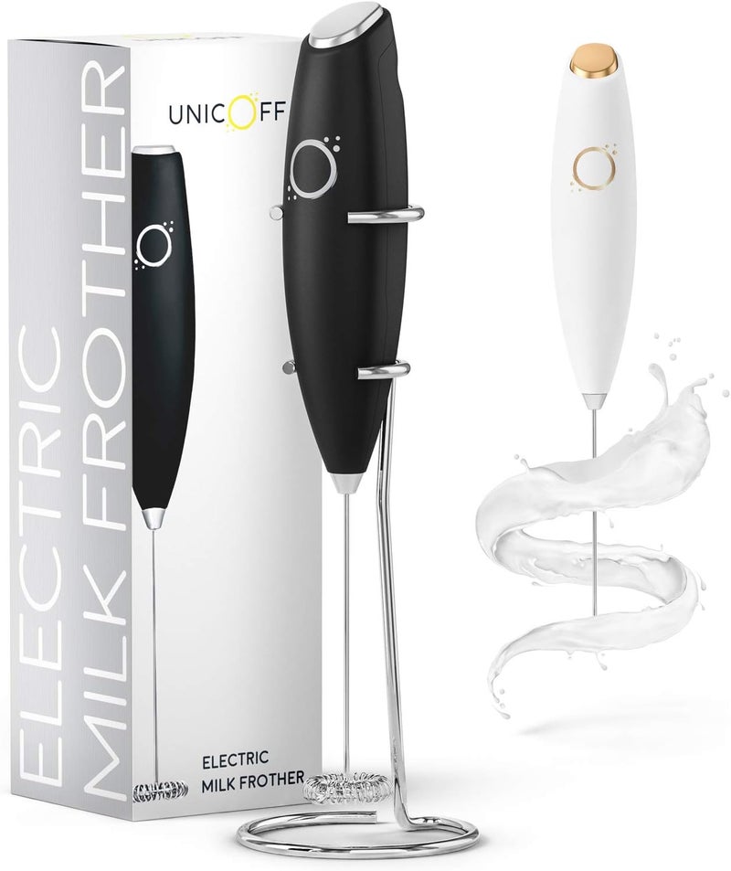 Unicoff Handheld Milk Frother with Stand - Electric Drink Mixer for Coffee Latte Cappuccino Matcha Tea - Battery Operated Stainless Steel Whisk Wand - Mini Foamer for Protein Shakes Hot Chocolate (Black) - Image 1